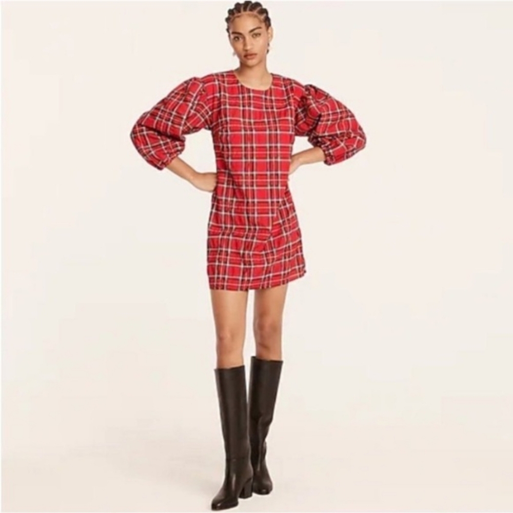 J. Crew Puff Sleeve Mini Dress in Good Tidings Tartan Plaid Red Small NWOT
